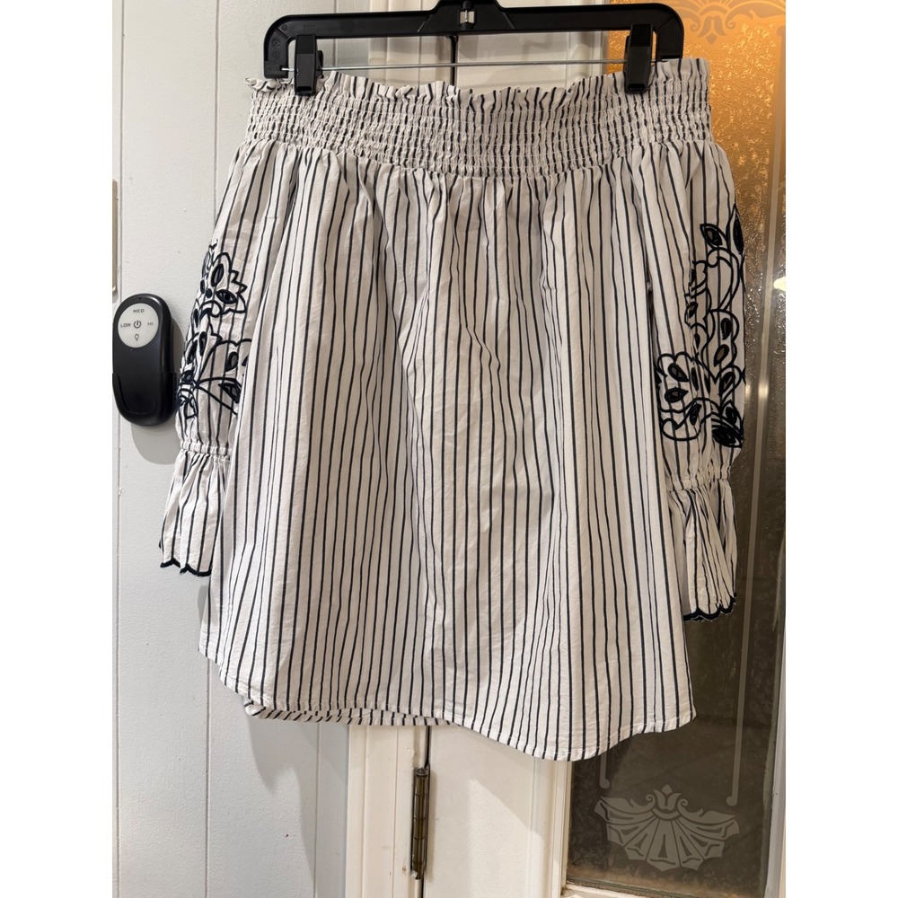 Chicos Off The Shoulder Striped Embroidered Bell Sleeve Blouse White Navy Blue 2